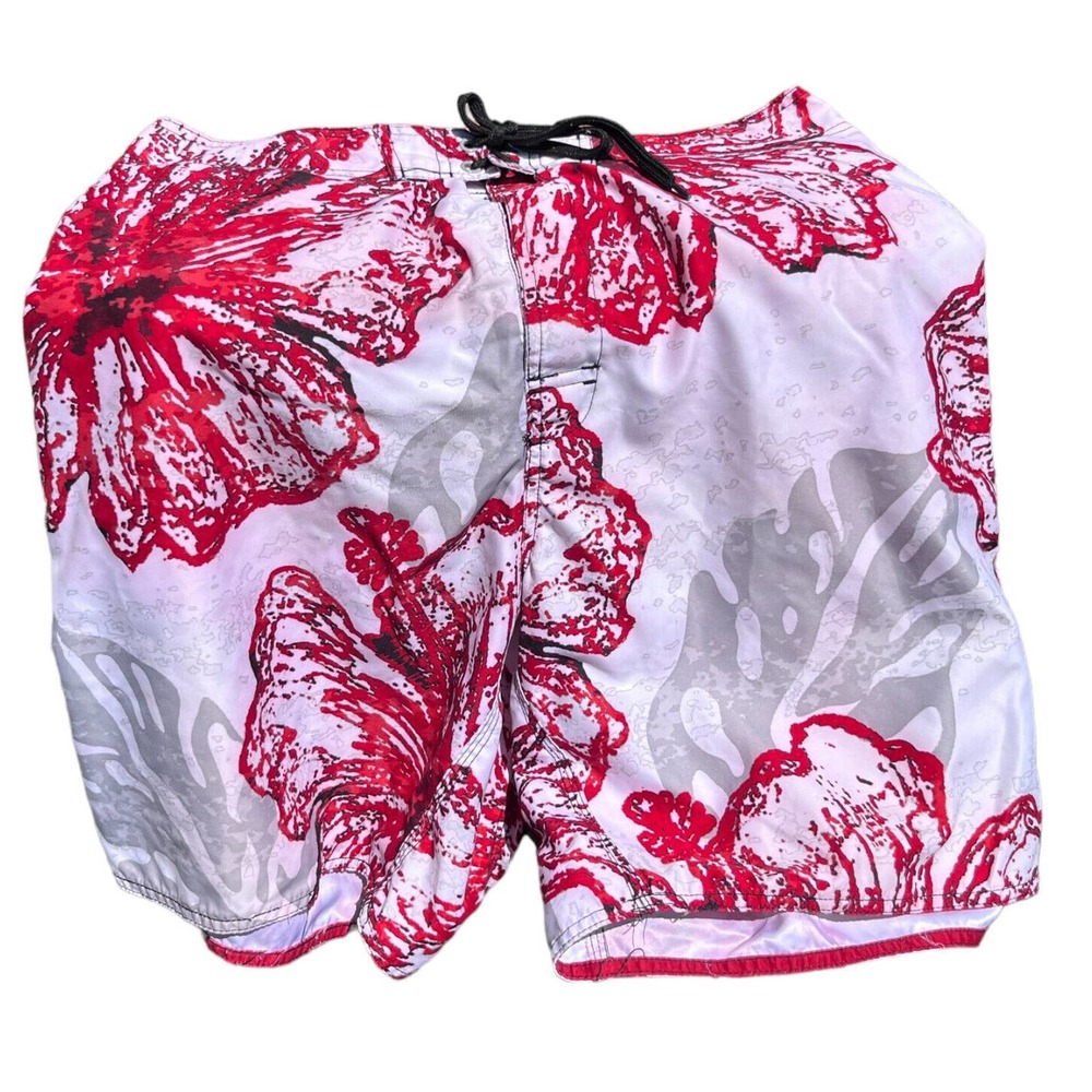 Joe Boxer Mens Sz Lg Board Swim Shorts Trunks‎ Drawstring Red White Floral